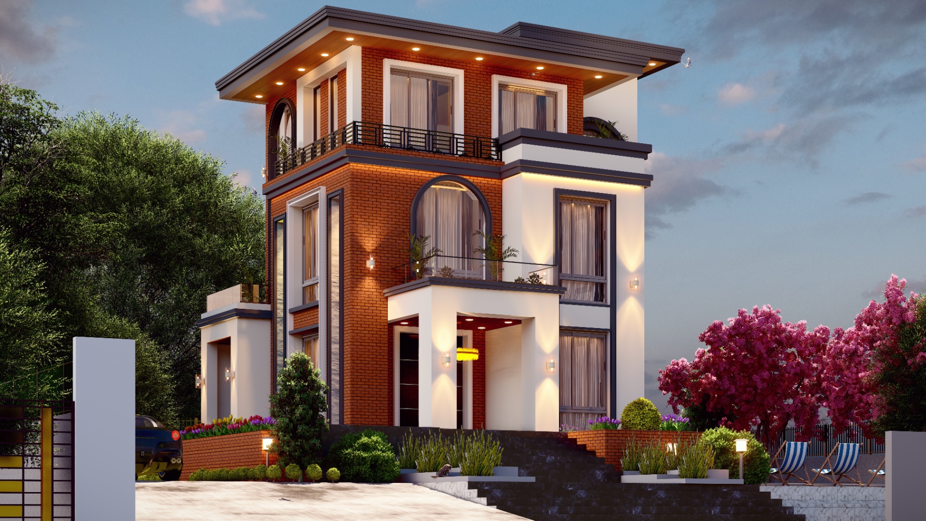 Three-storey brick villa at dusk