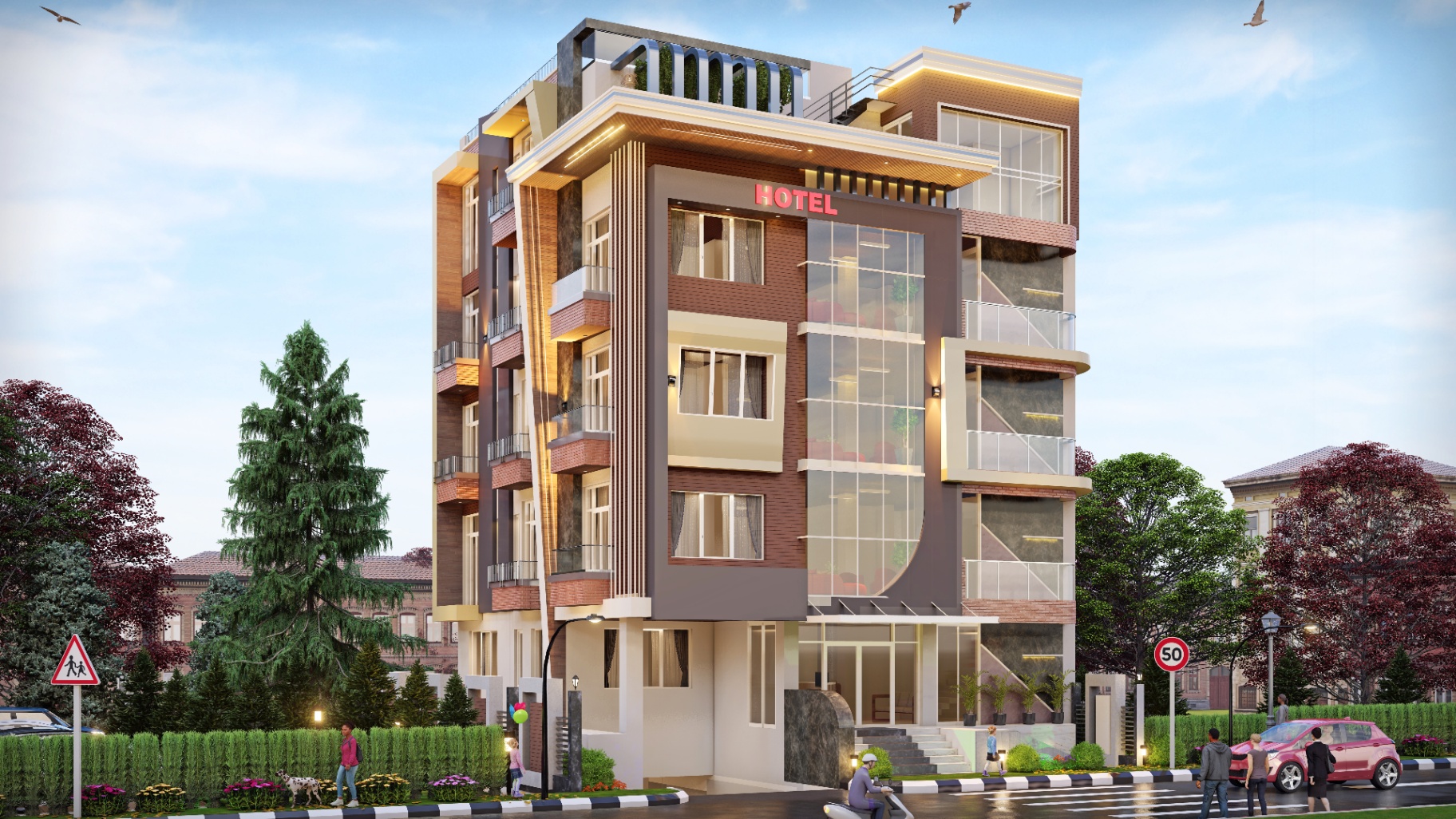 Boutique hotel facade — daytime